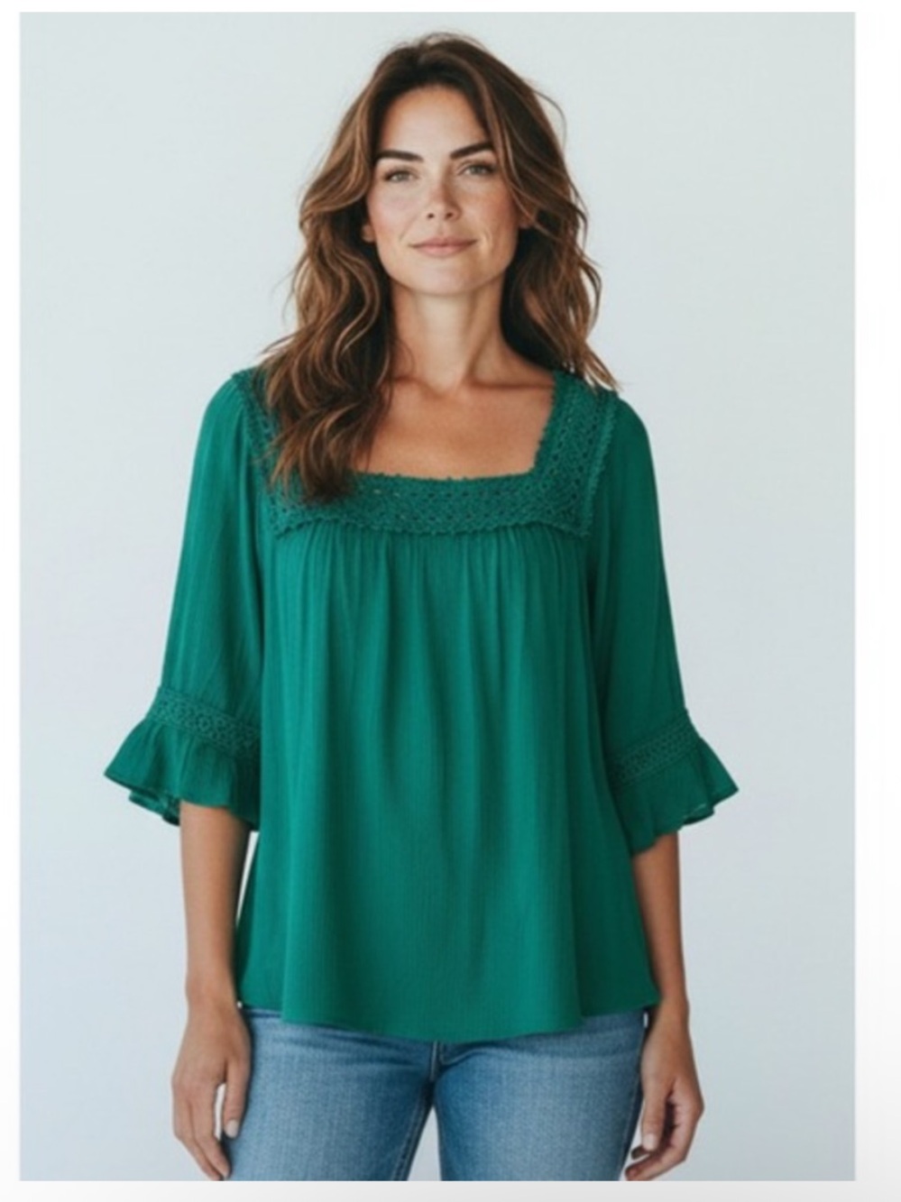 Maurices‎ Crochet Trim Blouse Women S Green Square Neck Ruffle Sleeve NEW